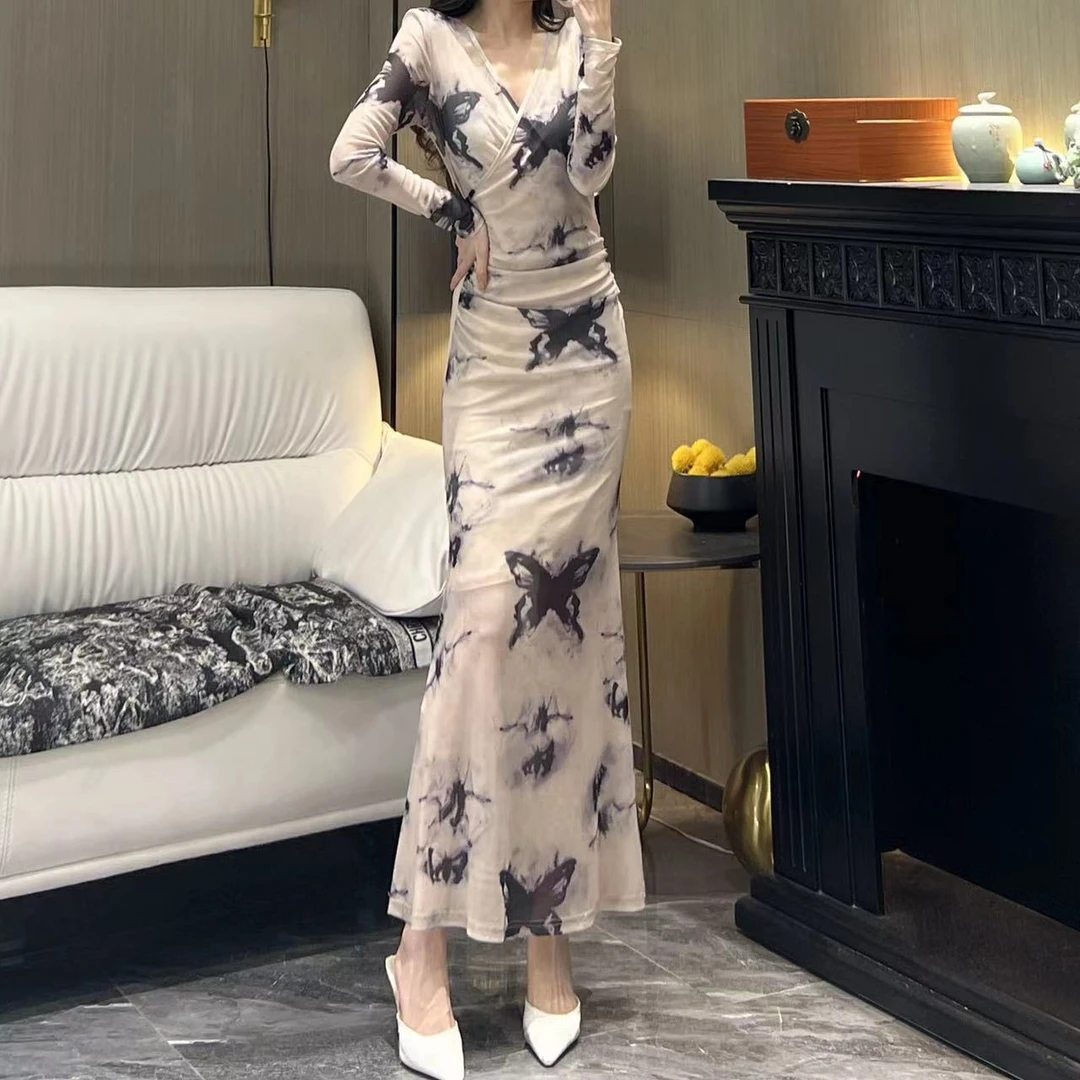 气质女人味轻奢V领长袖浮生若梦显瘦修身时尚百搭鱼尾长裙连衣裙