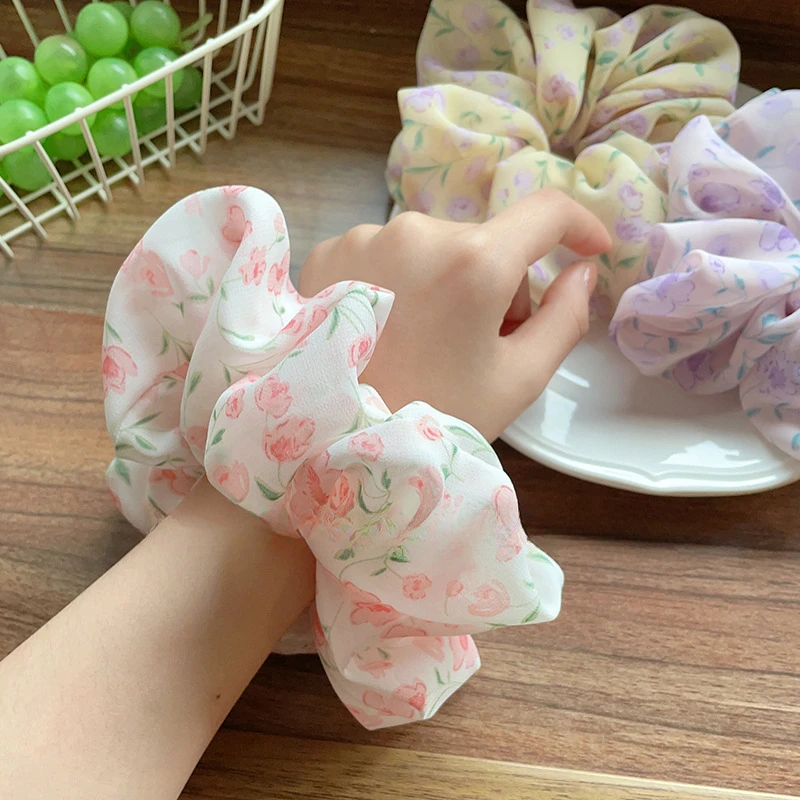 春天里的油画碎花大肠发圈轻透雪纺发绳头绳发饰甜美法式气质头饰