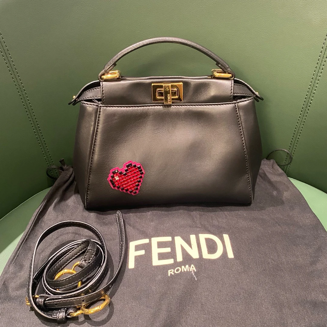 99新 FENDI/芬迪 Fendi芬迪 peekaboo手提单肩包黑金 小号