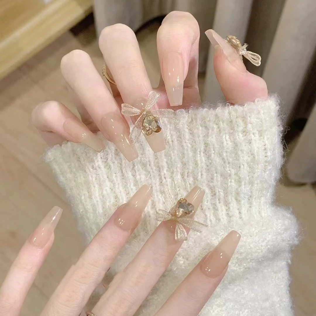 【粉杏云纱】中梯形穿戴甲高级感轻奢显白带钻手工美甲指甲贴片新款