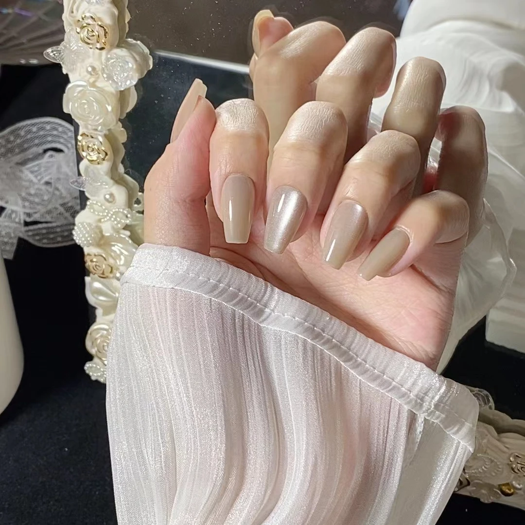 【裸色猫眼】短梯形 穿戴甲爆闪高级感显白轻奢手工美甲指甲贴片