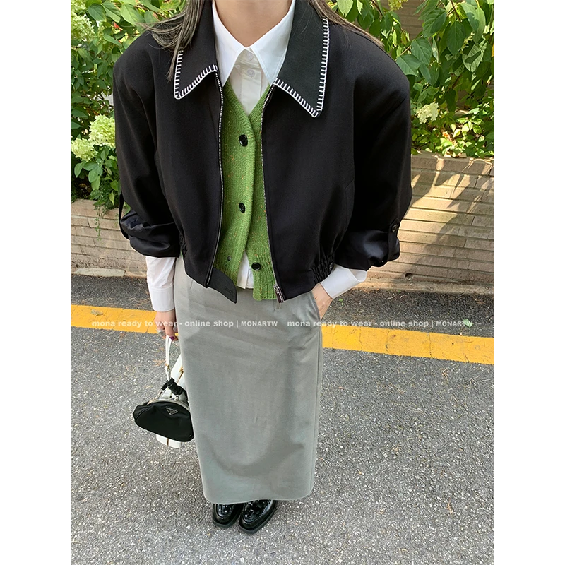 【MONA折扣款】MONA经典翻领短款松紧腰夹克外套 OW349569