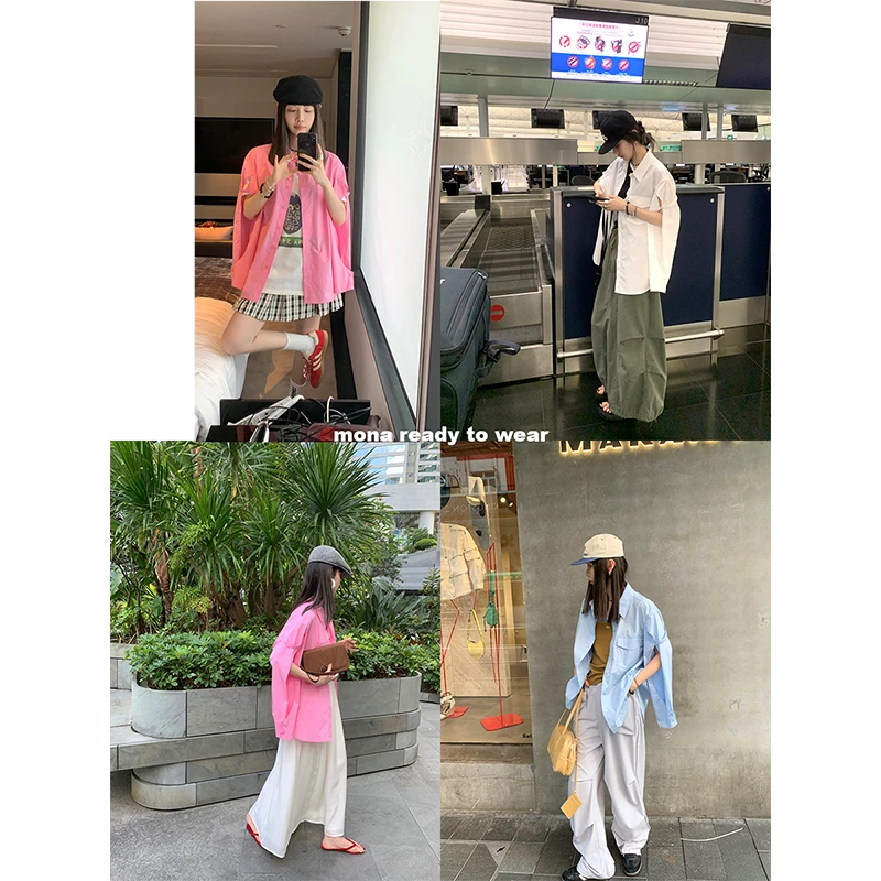 【MONA折扣款】MONA100棉粉白蓝色宽松遮肉衬衫女 OC347694外套