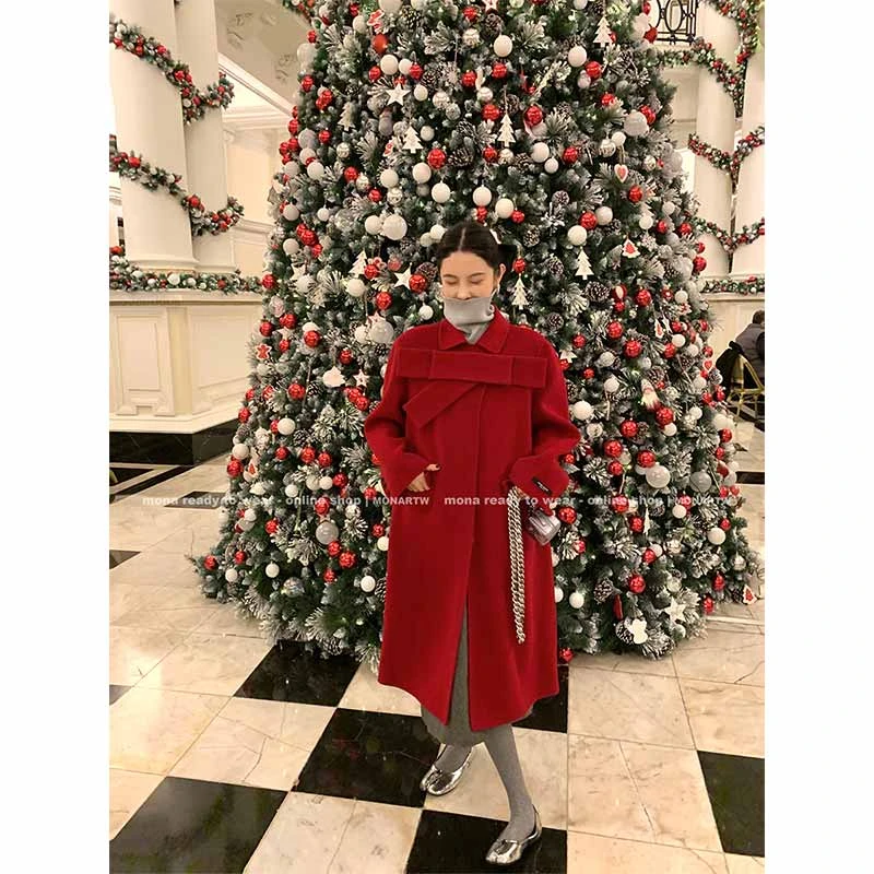 MONA 100羊毛黑红色过年短中长款双面呢大衣女秋冬 OA232654