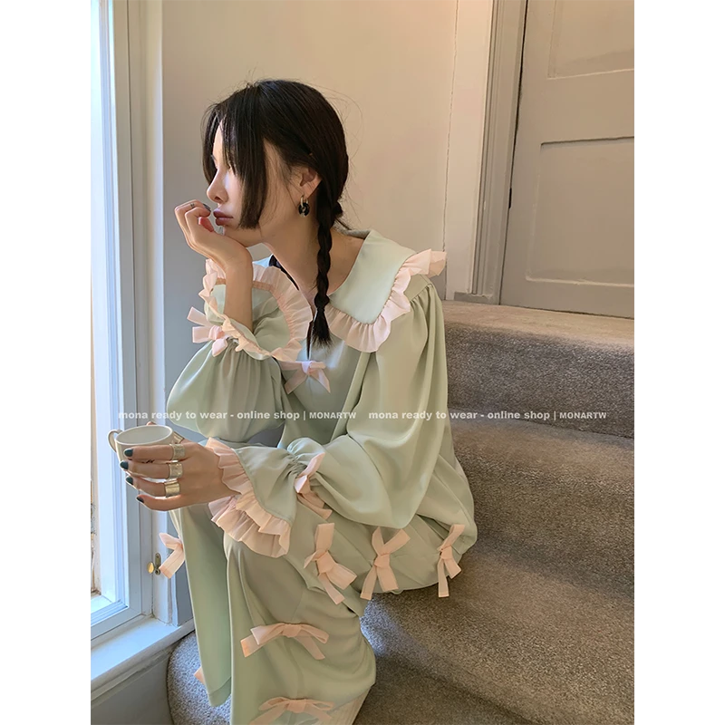 【Mona张绮贤】MONA设计感蝴蝶结睡衣睡裤套装女O124A12982