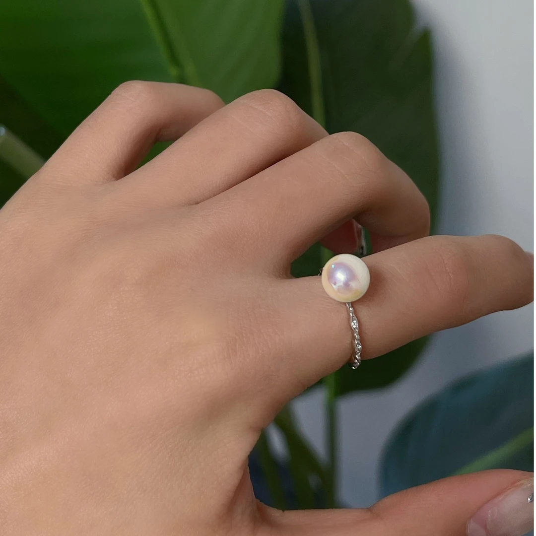 琢啦啦 925银仿珍珠戒指 粉光单珠开口戒指时髦复古简约百搭秋冬