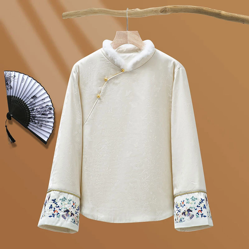 中国风复古斜襟绣花中式上衣冬季水貂毛立领加厚日常上衣女秋冬