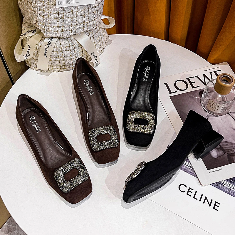 3一5厘米方头粗跟单鞋女低跟通勤百搭浅口水钻方扣中跟黑色工作鞋