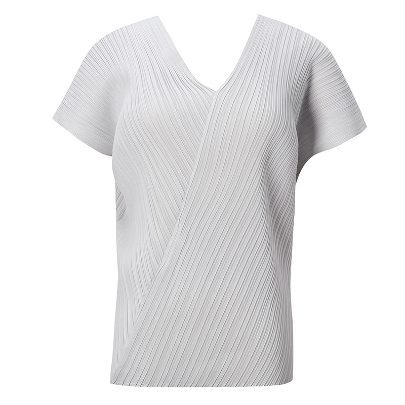 三宅褶皱新款前后鸡心领短袖上衣夏季宽松薄款休闲显瘦