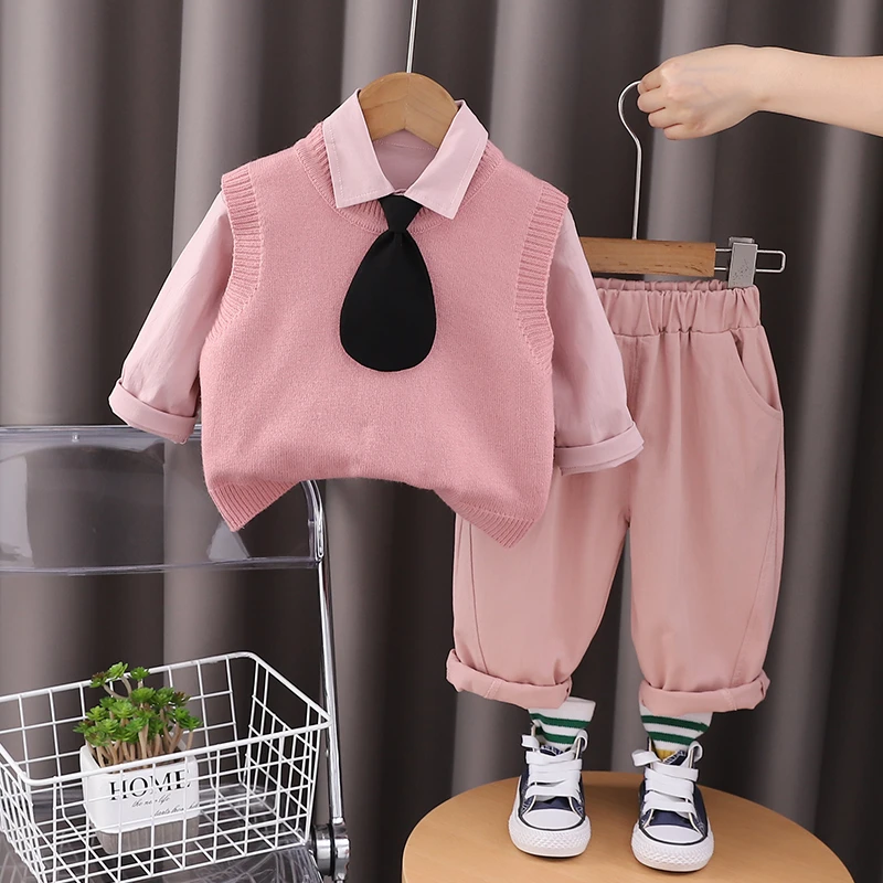 男童秋装套装新款韩系纯色毛衣马甲宝宝休闲衬衫领带三件套春秋装