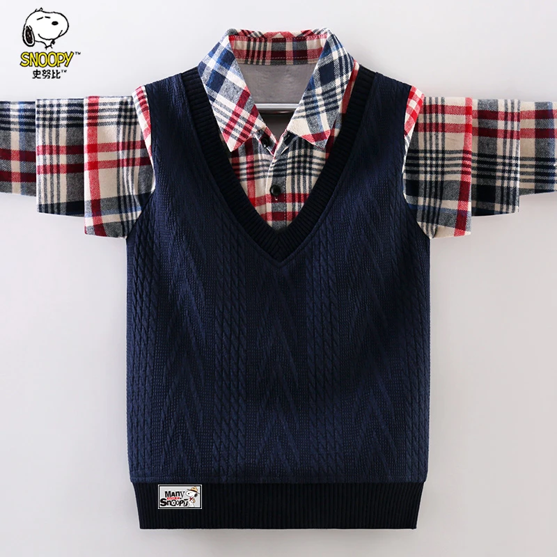 Snoopy/史努比儿童毛衣秋冬装中大童衬衫领男童纯棉假两件针织衫
