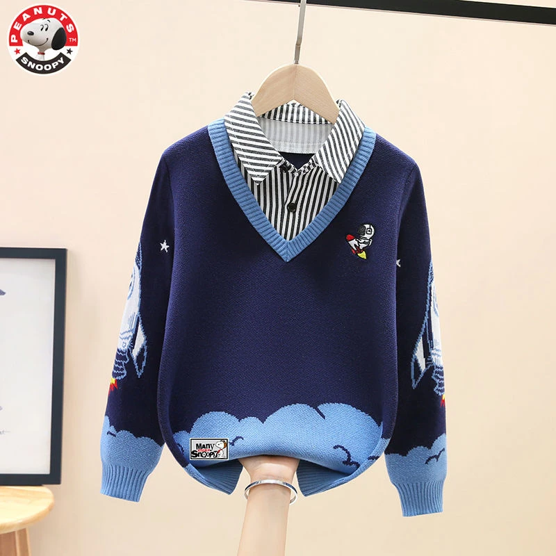 Snoopy/史努比男童毛衣假两件春秋款中大童针织衫儿童男孩韩版潮