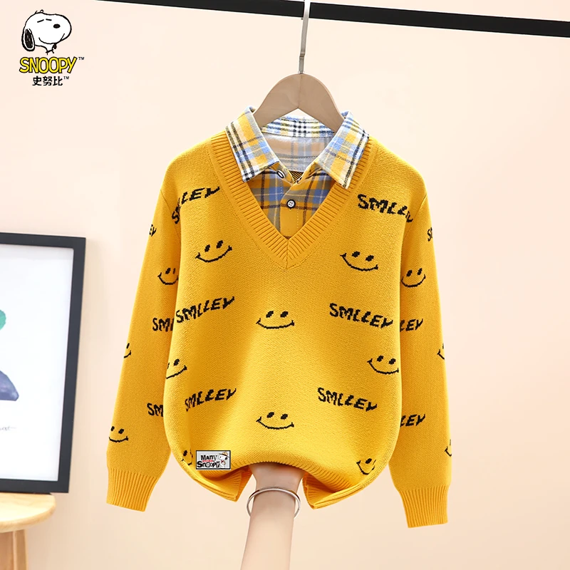Snoopy/史努比男童毛衣秋冬儿童假两件中大童针织衫男孩加绒加厚