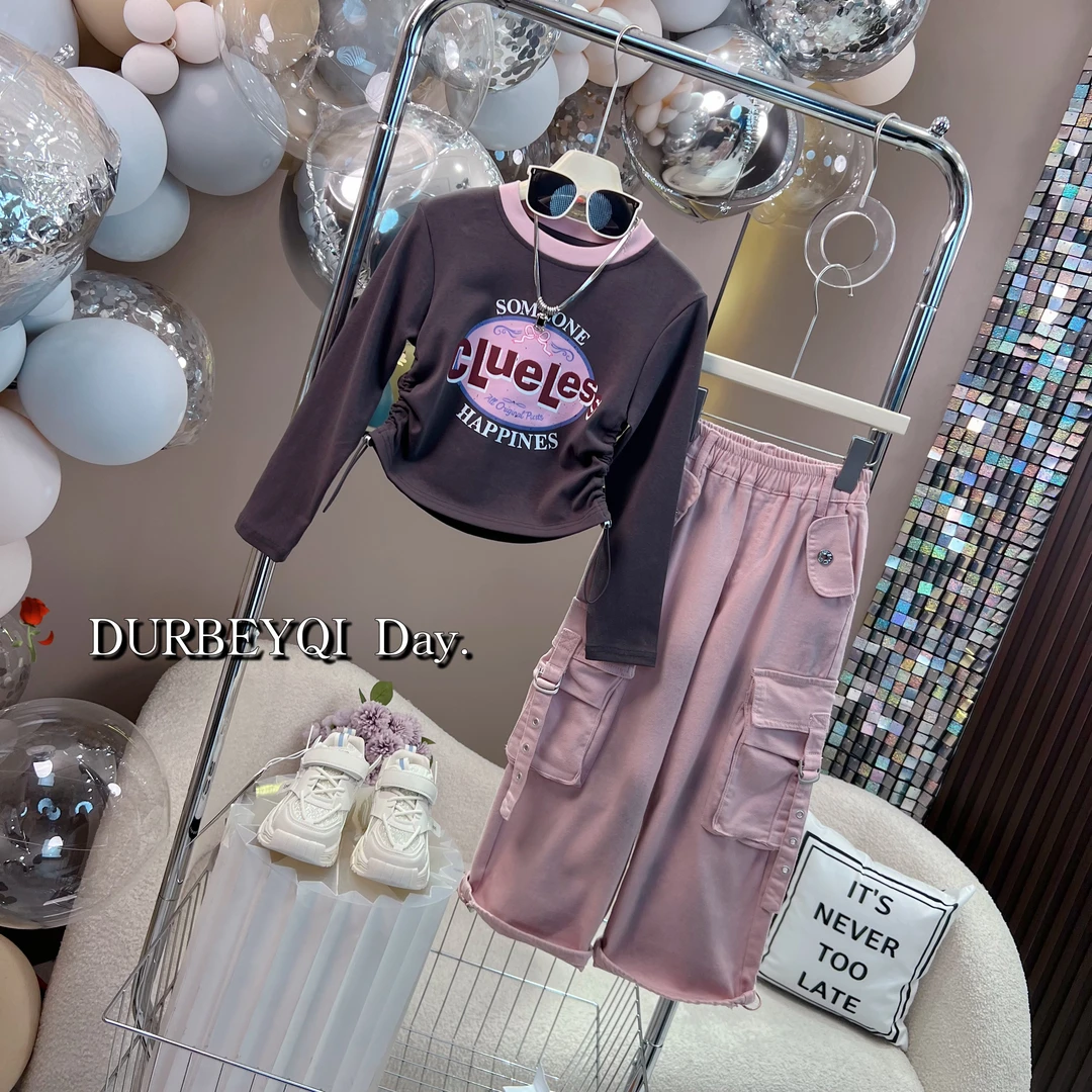 DURBEYQI/朵贝奇女童2025春款韩版字母上衣百搭工装裤套装4634