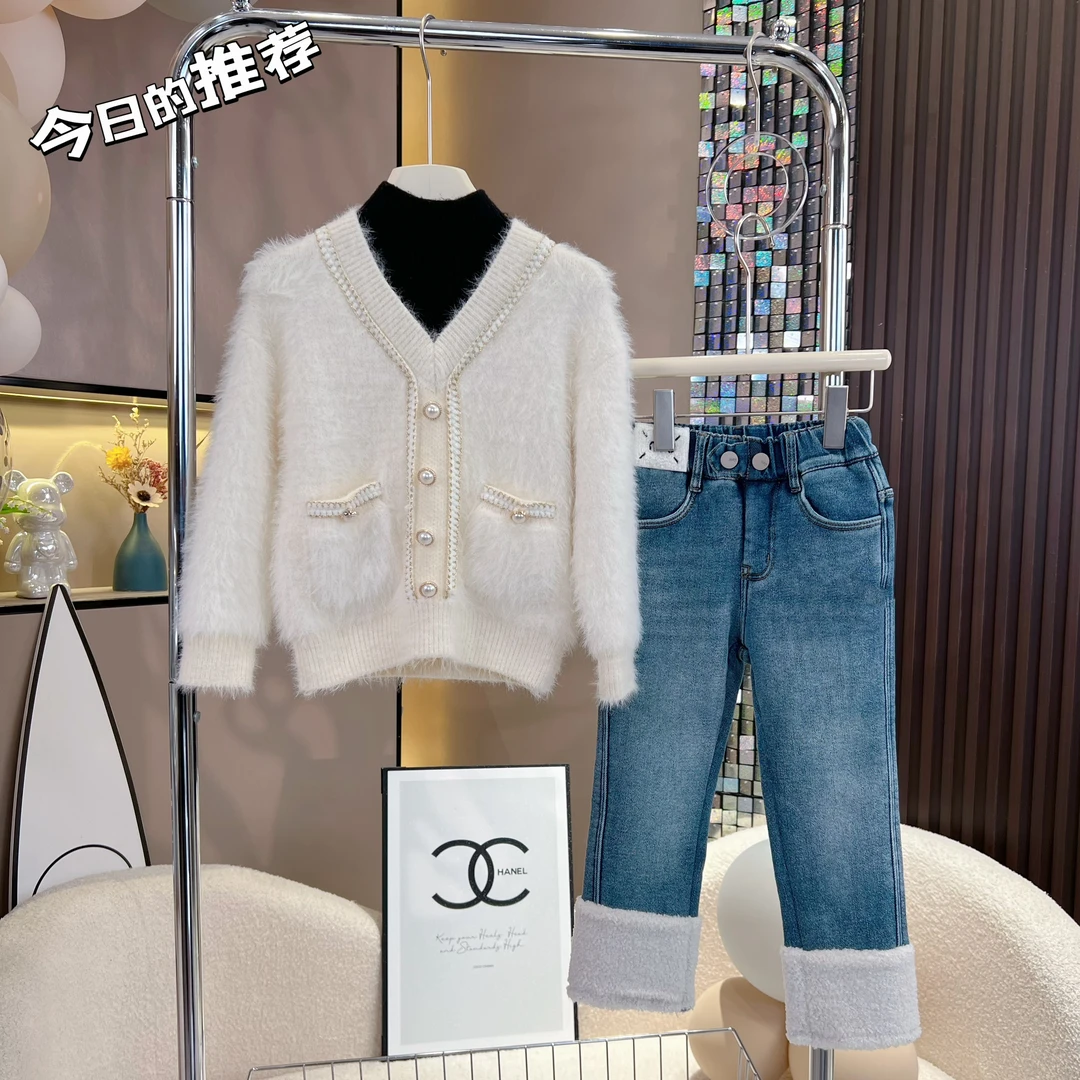 【卡柏定制】3830女童秋冬新款韩版假两件小香风毛衣加绒牛仔裤套装