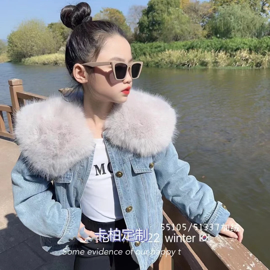 【卡柏定制】2799女童冬季新款韩版洋气时尚牛仔派克服毛领外套