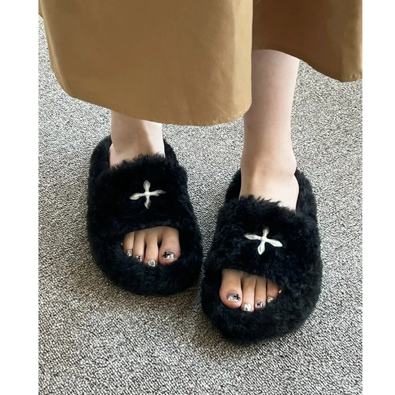 小个子增高3cm一字拖2024年春夏新款网红ins厚底十字架毛毛拖鞋女