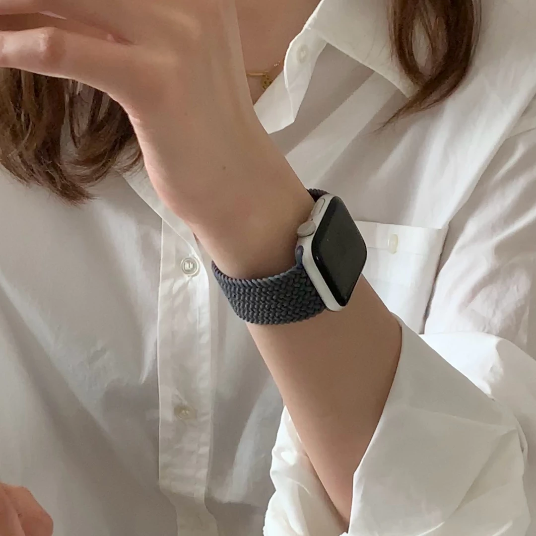 适用苹果手表橘粉色单圈编织表带applewatch8弹性舒适表带iwatch7