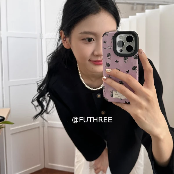 ins温柔少女紫色黑玫瑰适用苹果15promax防摔iPhone14/13手机壳软