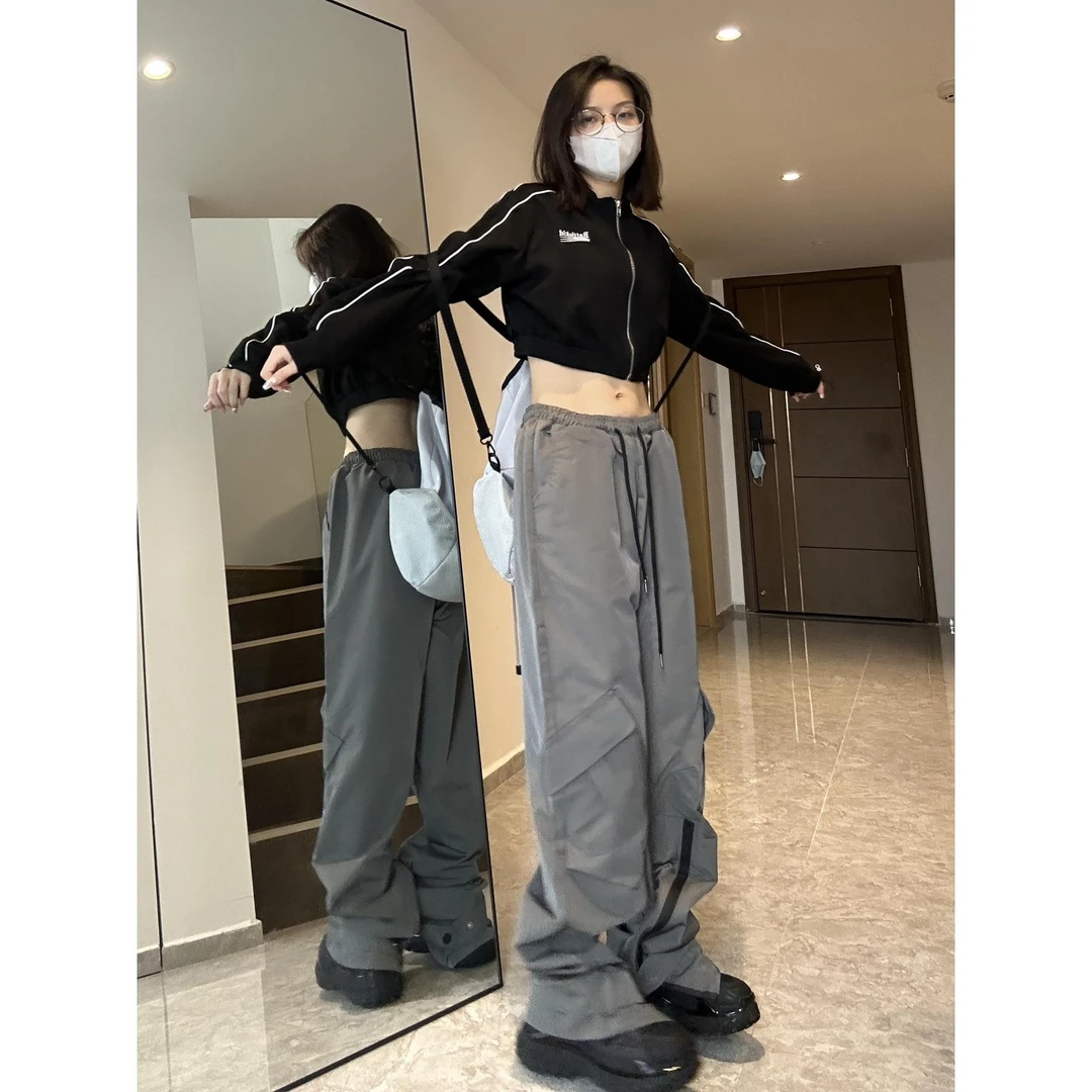 可雅图美式vibe灰色机能工装冲锋裤女户外防水直筒高街hiphop裤子