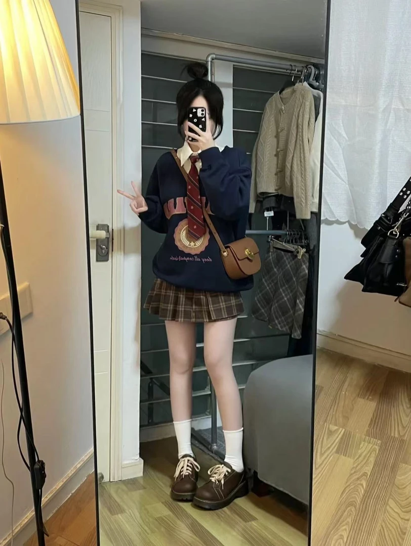 美式学院风卫衣女2024春秋季新款宽松复古假两件polo领外套潮