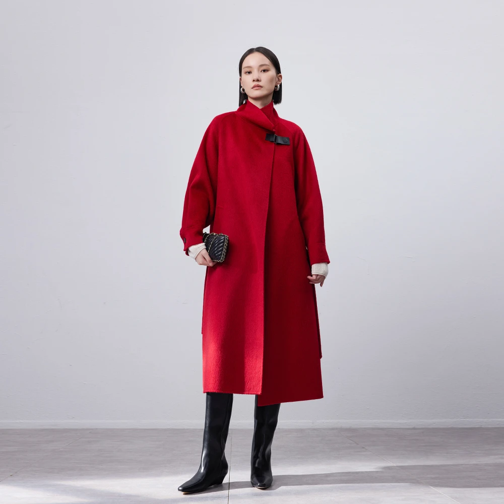 秋冬新款苏丽羊驼立领皮袢长款双面呢大衣