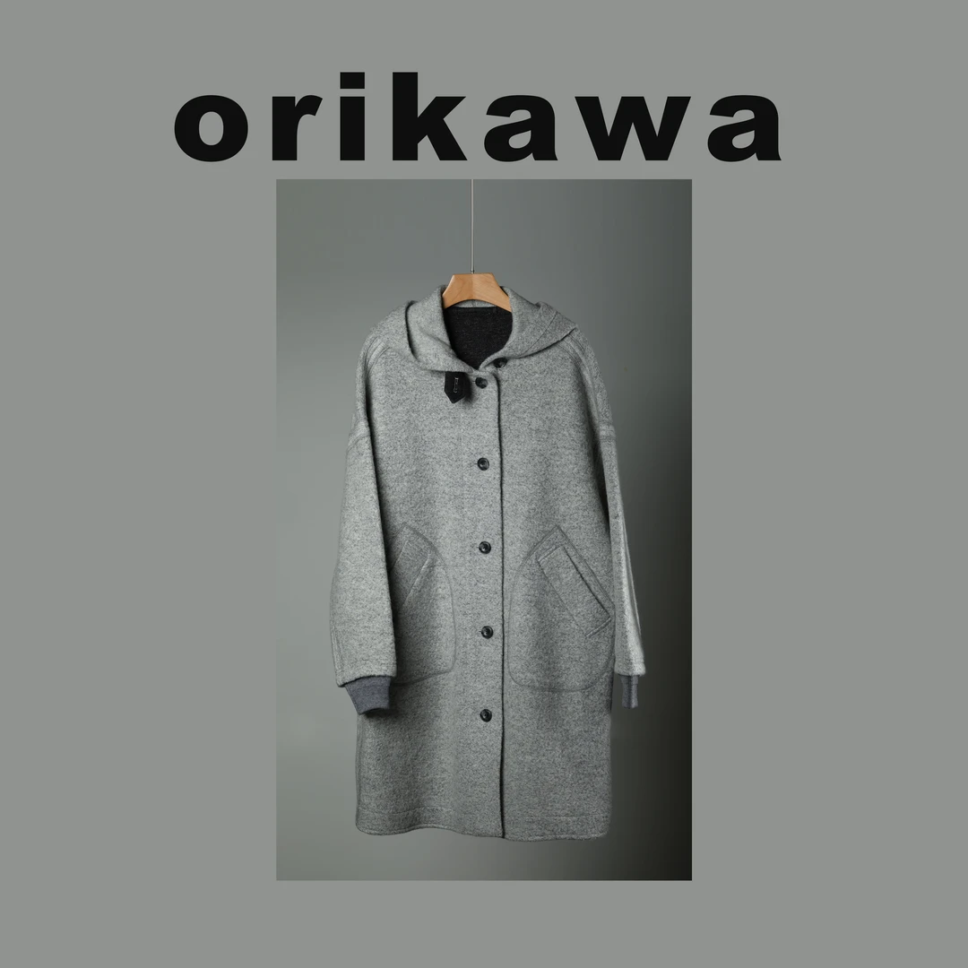 001冬季中长款灰色连帽羊毛大衣