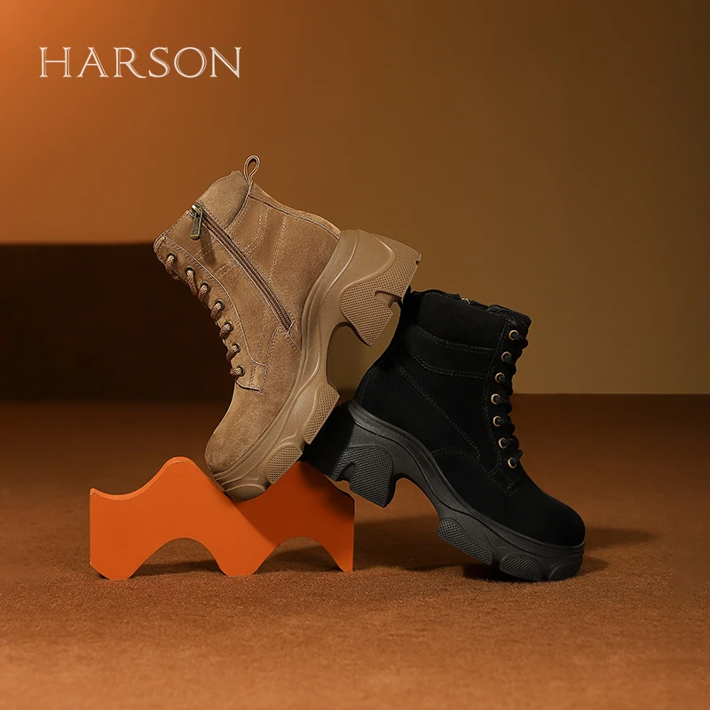 HARSON哈森24冬季新品厚底粗跟绑带马丁靴HA241601