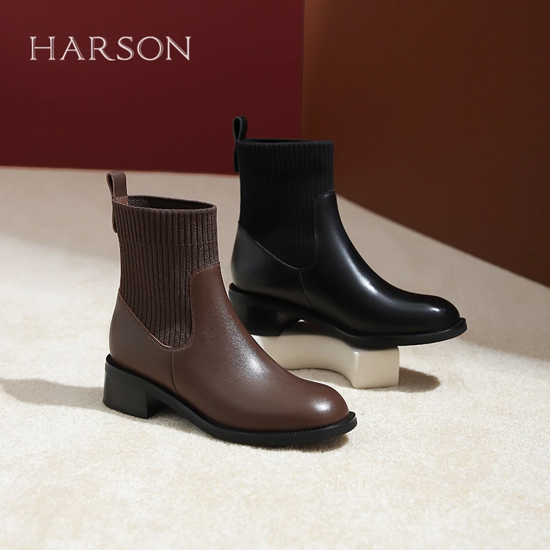 HARSON哈森24冬季新品圆头矮粗跟女靴HA247126