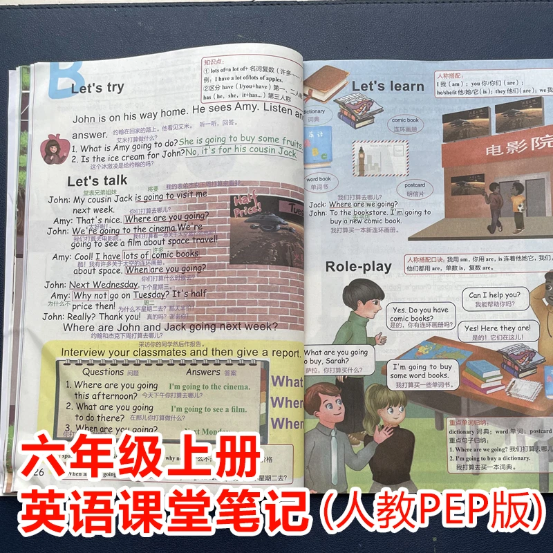 六年级上册下册英语人教版PEP课堂笔记人教版同步原文翻译中文XQ