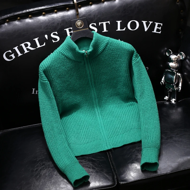 欧货轻奢秋装宽松男士针织衫青年潮牌拉链开衫立领纯色毛衣外套