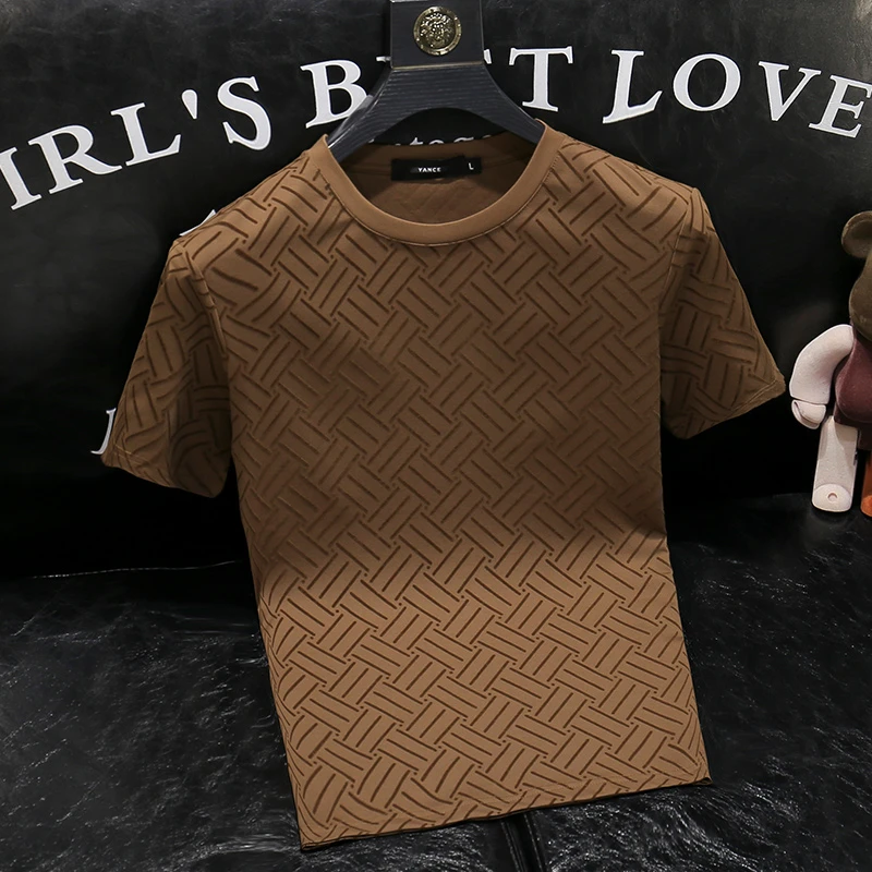 欧洲站夏季新款2023植绒男士短袖重磅圆领t恤时尚潮流修身半袖