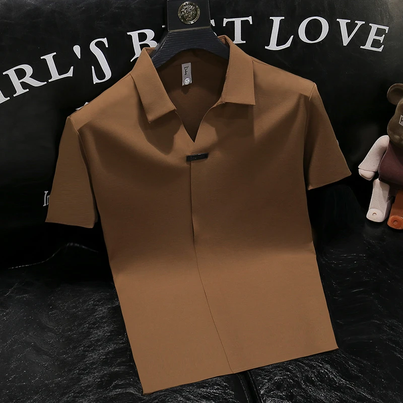 欧货2023Polo衫新款男士潮流短袖潮牌修身V领凉感冰丝T恤半袖上衣