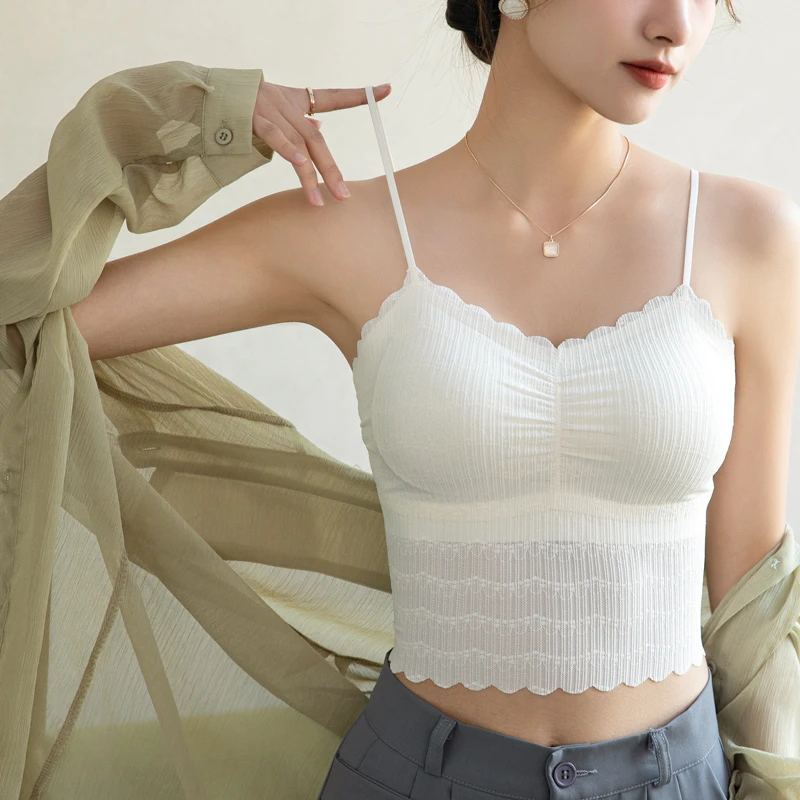 防走光蕾丝外穿内搭打底美背带胸垫文胸一体无钢圈吊带背心女抹胸