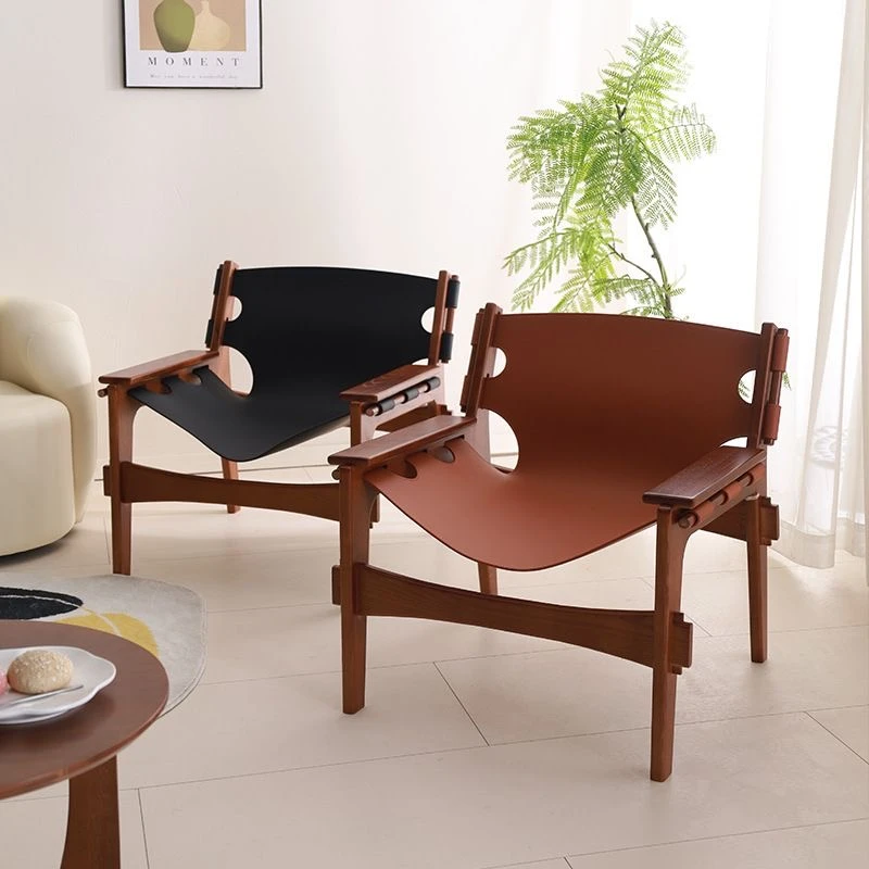 【 手工大师】侘寂风穿梭椅北美白蜡木马鞍皮休闲实木躺椅复古风椅