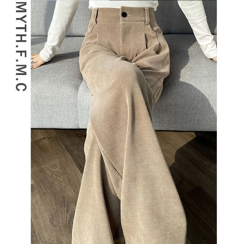 卡其色灯芯绒裤子女春季2025新款高腰显瘦雪尼尔直筒阔腿裤垂坠感