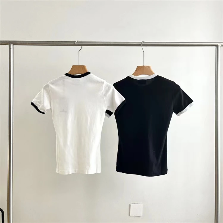 jennie同款百搭打底时尚休闲修身夏季圆领T恤撞色显瘦白色女款