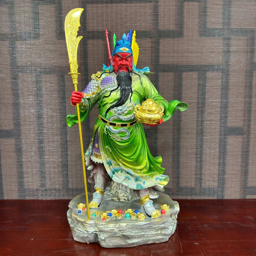 关公武财神树脂铜彩绿袍手工关二爷立刀托宝像体商铺公司居家摆件