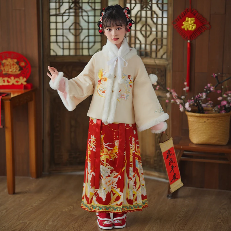 女童汉服拜年服中国风儿童古装唐装女童冬加绒喜庆服新年过年服装
