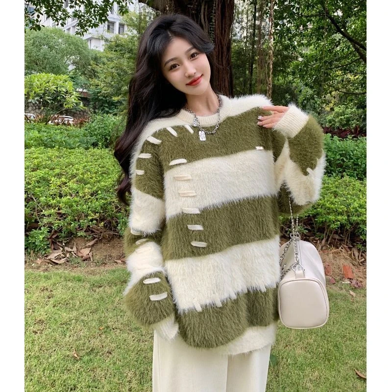 日系条纹设计感水仿貂绒毛衣女秋冬新款韩系小众慵懒风针织上衣