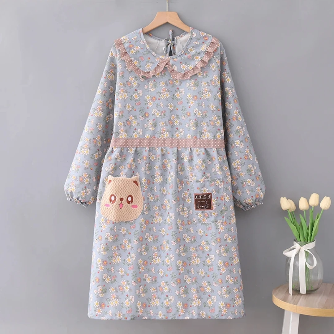 【新疆包邮】帆布棉围裙女长袖罩衣家用做饭厨房上班可爱洋气腰