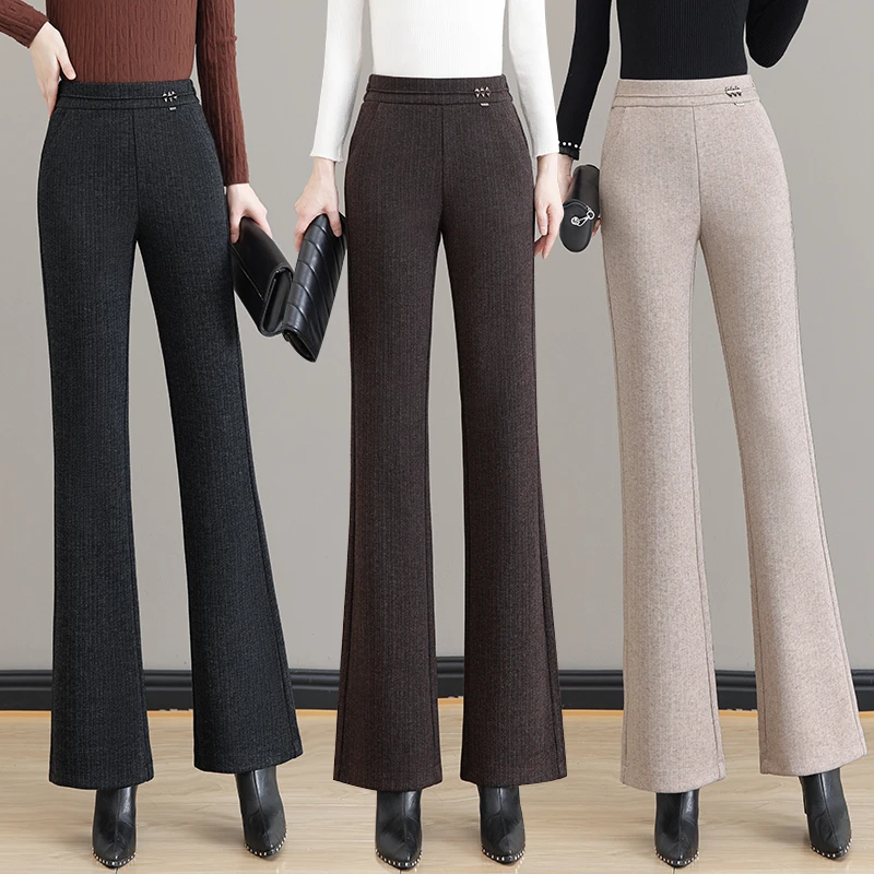2024秋冬新款羊毛呢微喇裤女高腰显瘦喇叭裤时尚洋气休闲百搭长裤