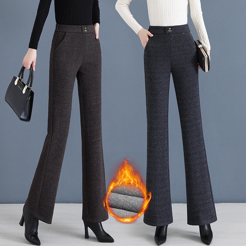 秋冬毛呢加绒加厚高腰显瘦喇叭裤女2023新款时尚洋气休闲百搭长裤