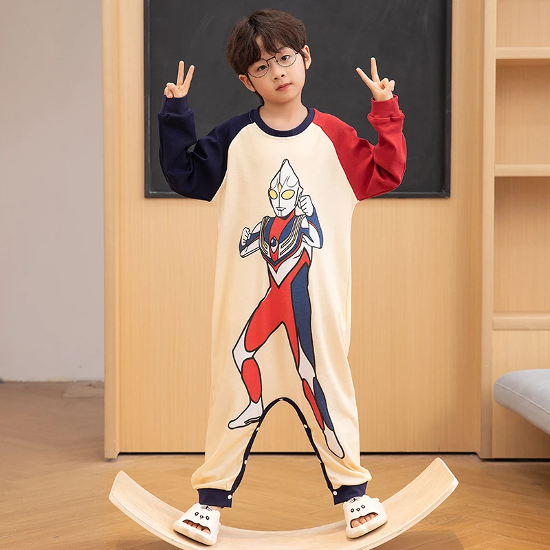 春秋季儿童连体睡衣纯棉男孩长袖中大童卡通男童防踢被护肚家居服