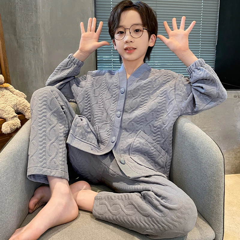 男童睡衣秋冬款空气棉夹层保暖家居服男孩长袖大童加厚家居服套装