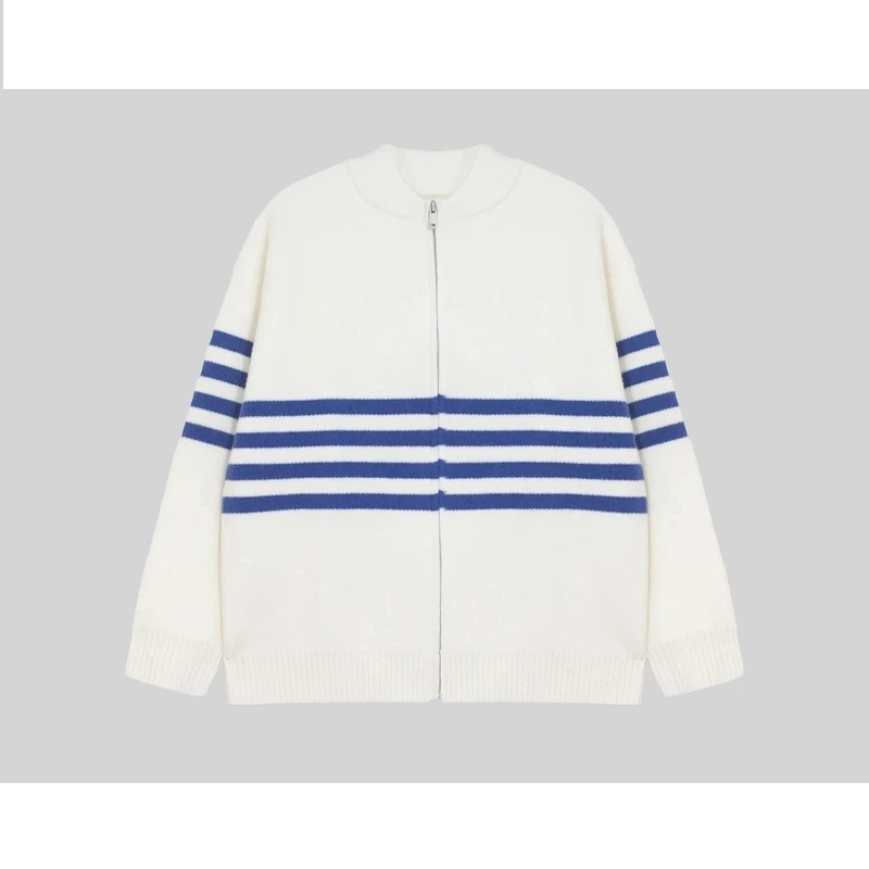 秋冬时尚加厚条纹棒球领开衫休闲外套毛衣宽松