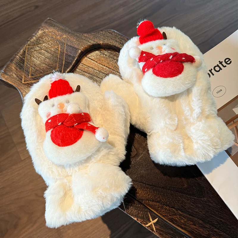 2024新款可爱小熊圣诞雪人毛绒手套女冬季挂脖保暖围巾学生围脖潮