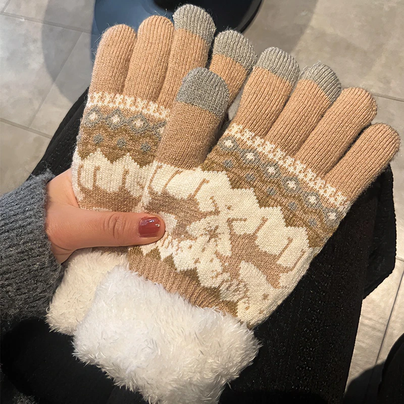 毛线手套女冬季加绒加厚保暖2023新骑行冬天防风防寒触屏针织手套