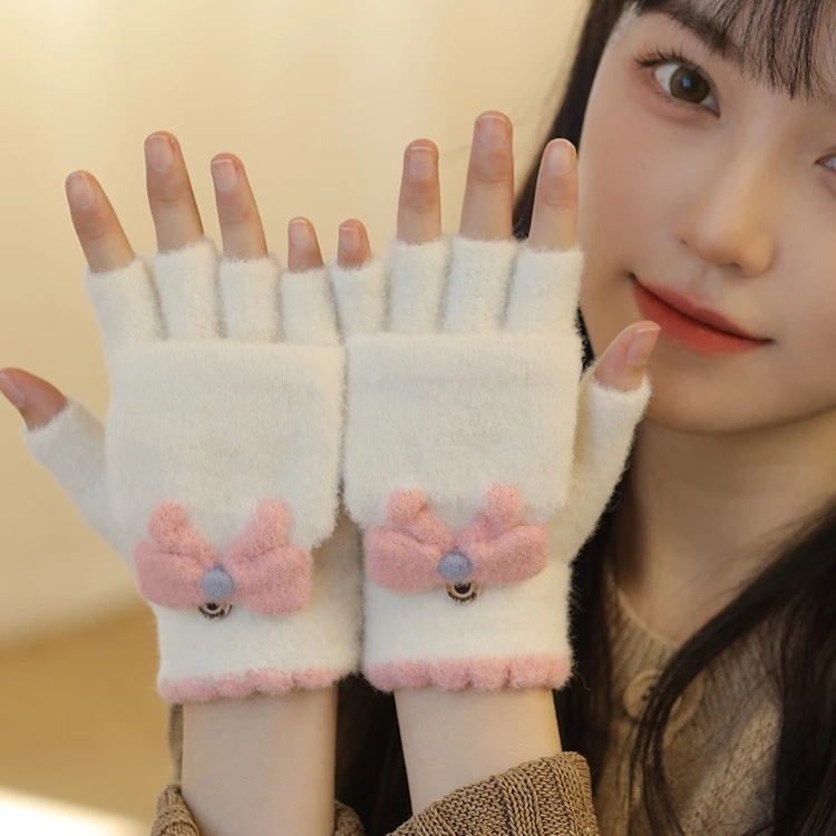 成人翻盖露指手套女冬天保暖可爱卡通半指针织加绒秋冬大童大学生
