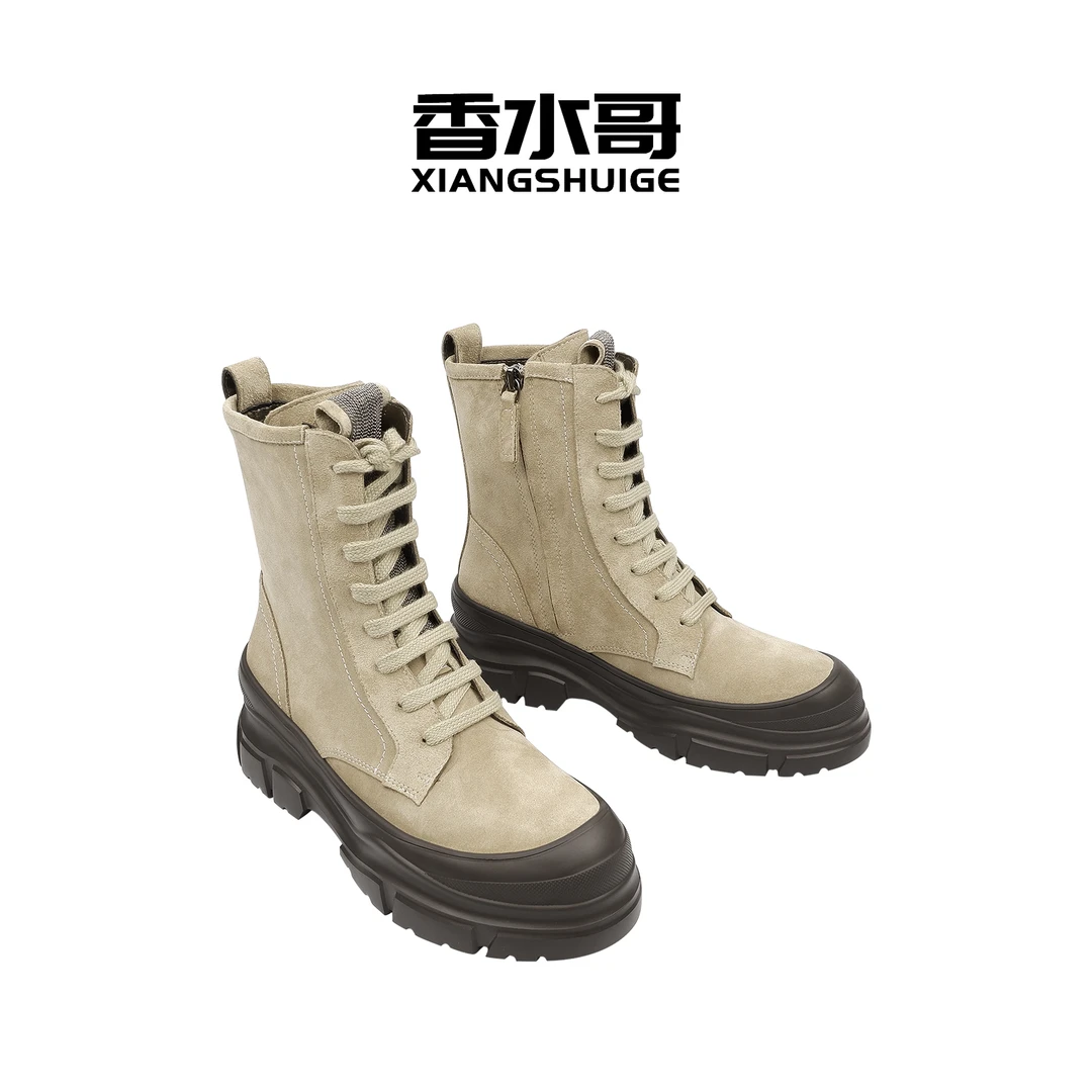 2024新款秋冬女士切尔西短靴百搭休闲瘦瘦靴厚底系带马丁靴